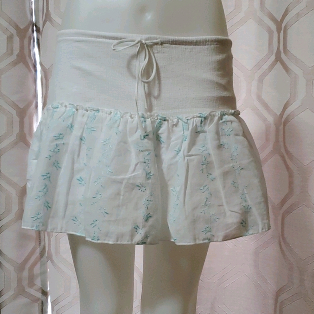 White linen drawstring skirt with Teal detail